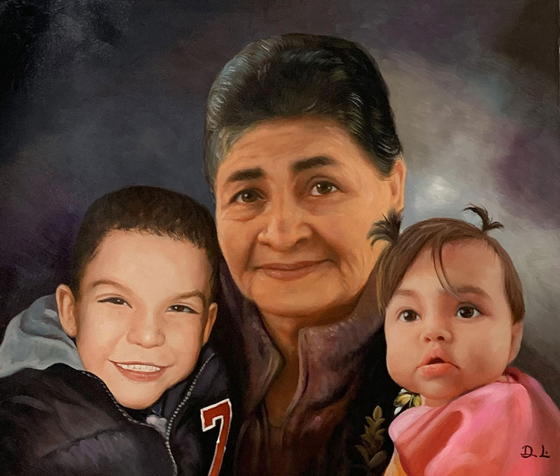 Beautiful acrylic painting of a grandmother with grand kids