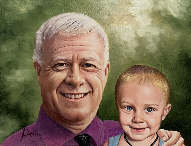 Beautiful oil portrait of a man with a baby