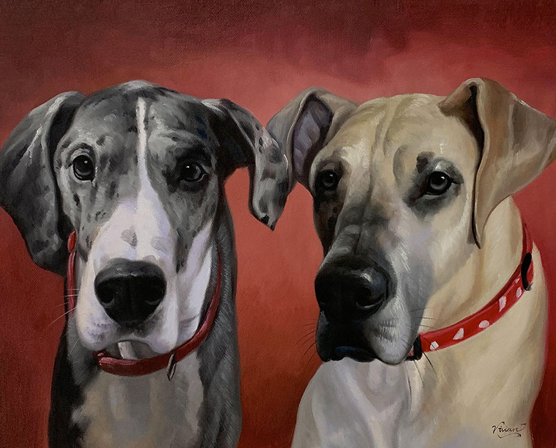 Painting of two Great Danes wearing red collars against a red background.