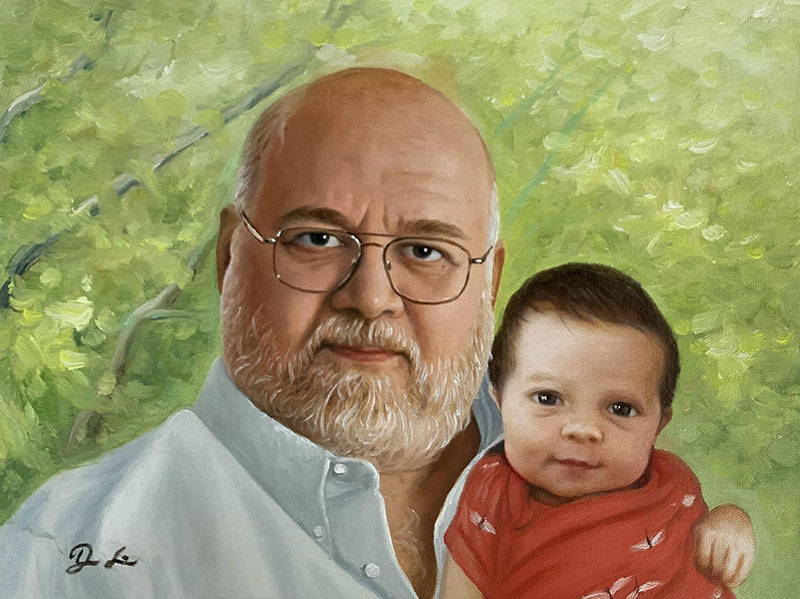 Custom handmade oil portrait of a grandfather with a kid