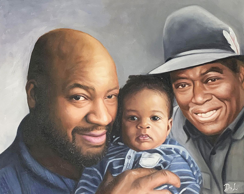 Painting of two men and a baby, one man is bald, the other wears a hat.