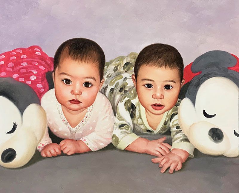 Custom oil painting of two babies