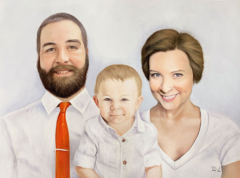 Personalized oil artwork of a family with a solid background