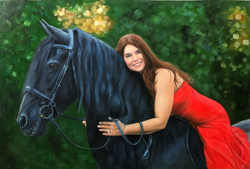 Gorgeous handmade oil painting of a lady with horse