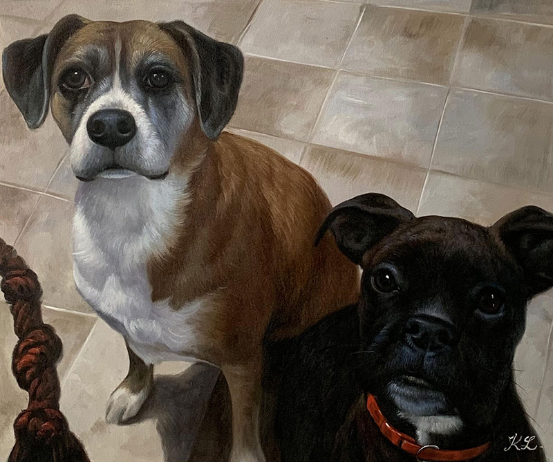 Painting of two dogs sitting on a tiled floor, one brown and white, one black, with a red rope in the corner.