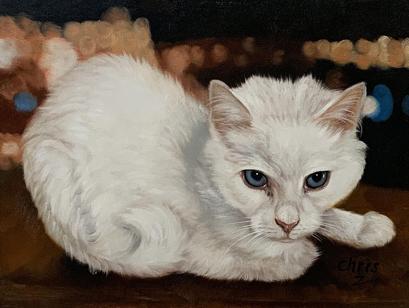 Custom handmade oil painting of a white kitten