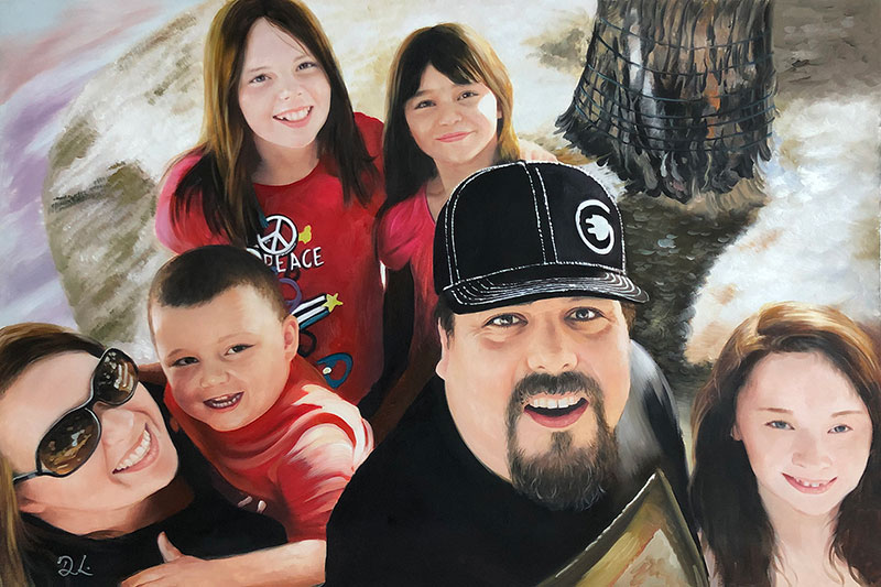 Family portrait painting, father with four children and mother.