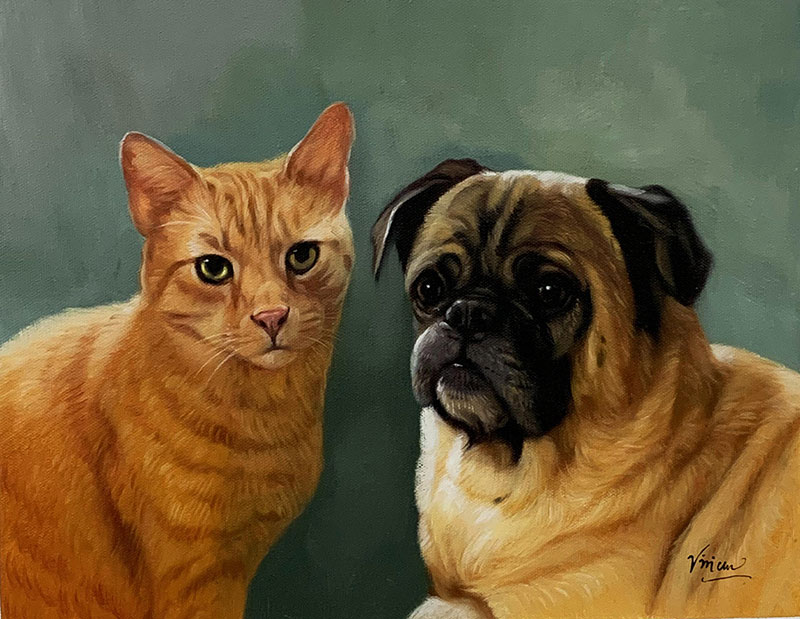 Painting of an orange cat and a pug dog.