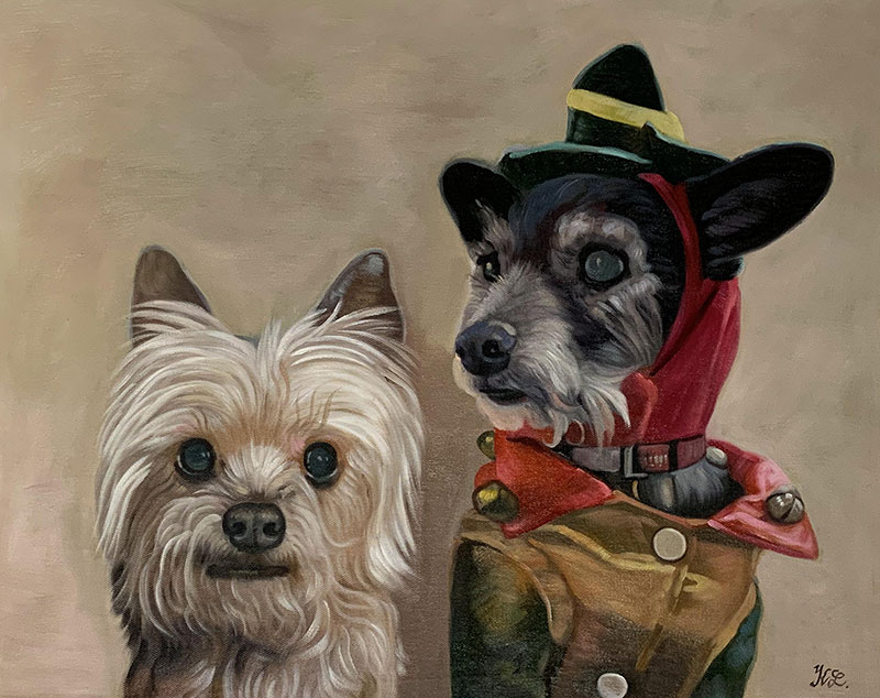 Painting of two small dogs, one a Yorkshire Terrier, the other in a costume.