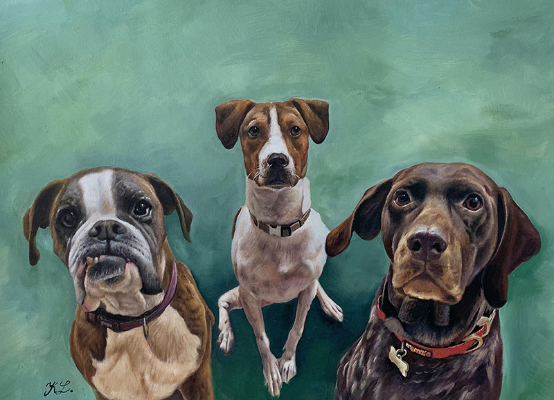 Painting of three dogs: a boxer, a Jack Russell Terrier mix, and a German shorthaired pointer.