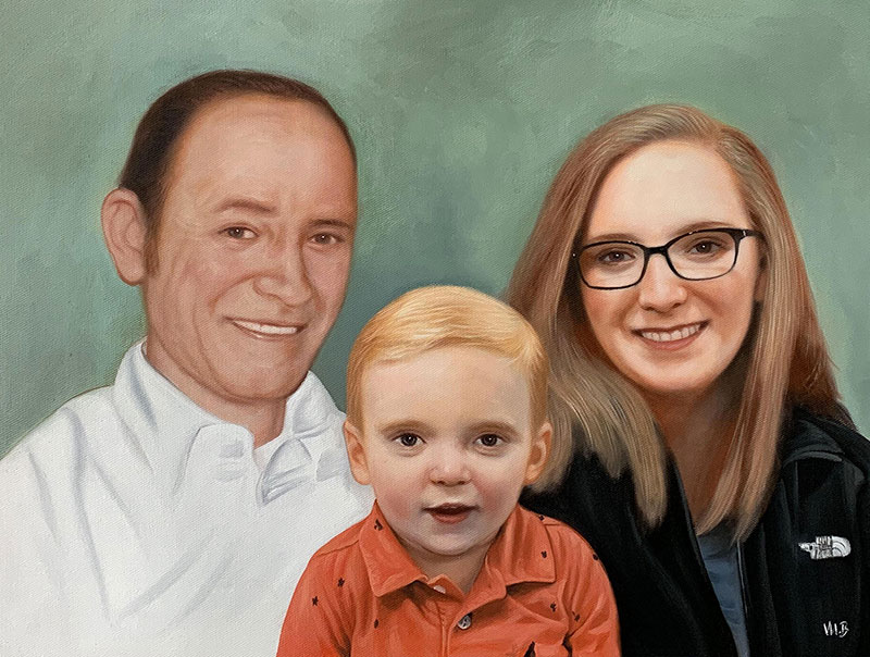 Painted portrait of a family: father, mother, and young son.