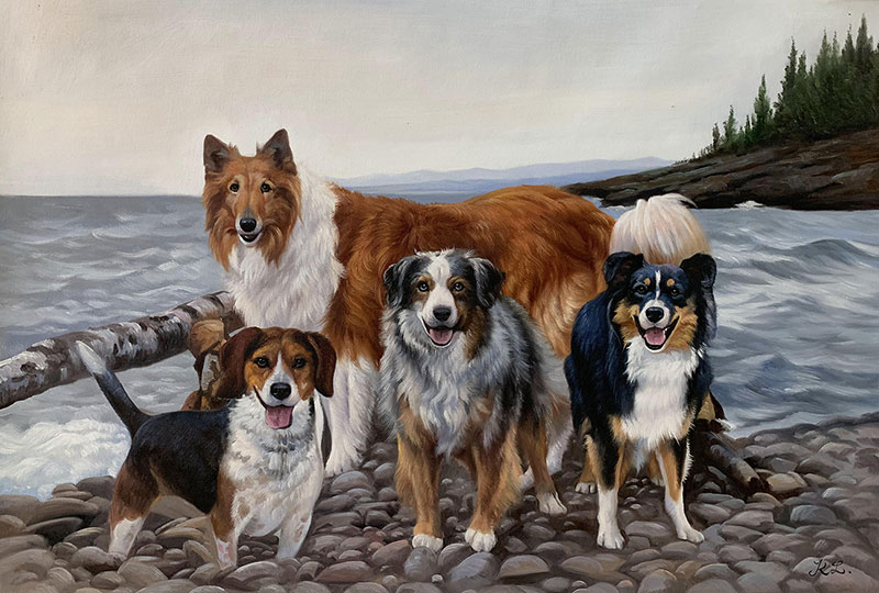 Beautiful oil painting of four dogs