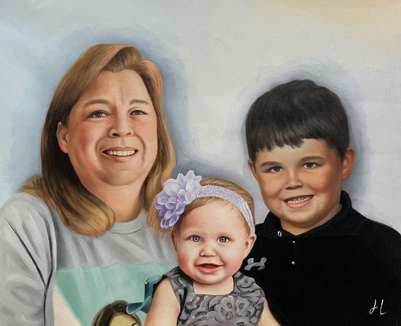 Painted portrait of a woman with a young girl and boy.