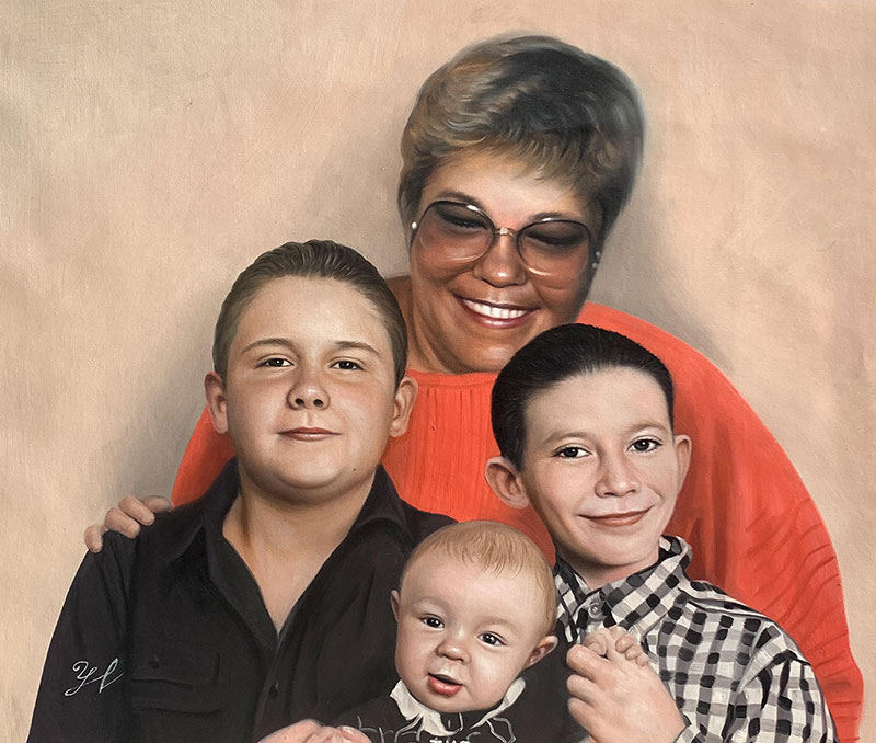 Painted portrait of a grandmother with her three grandsons.