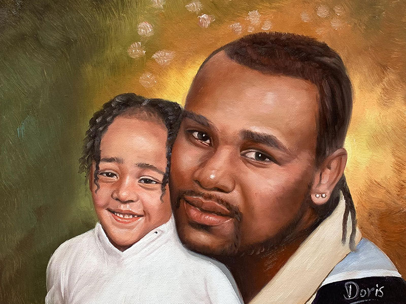 Oil painting of a man and young child.