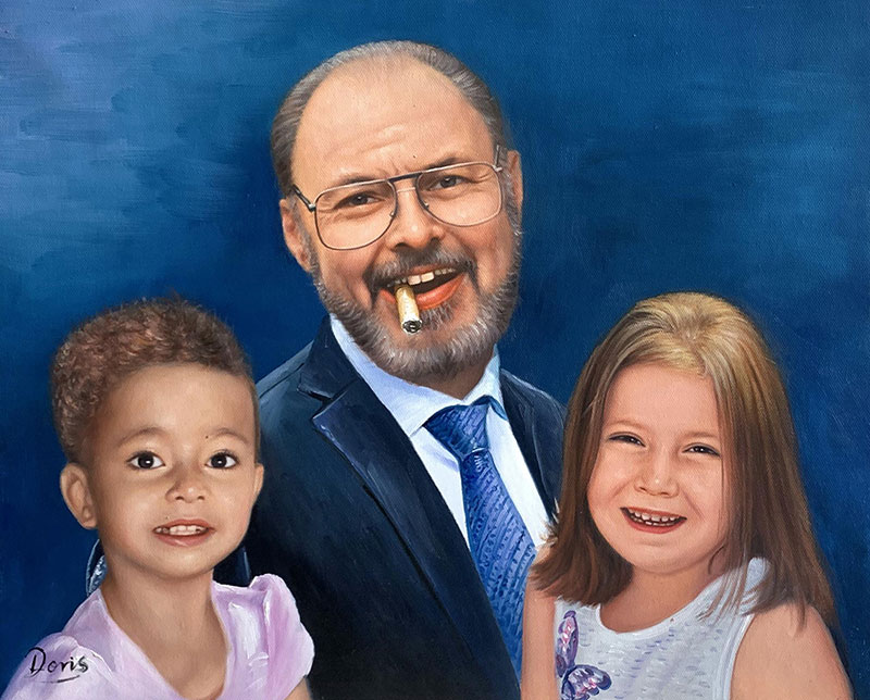 Painting of a man with a cigar flanked by two young girls.