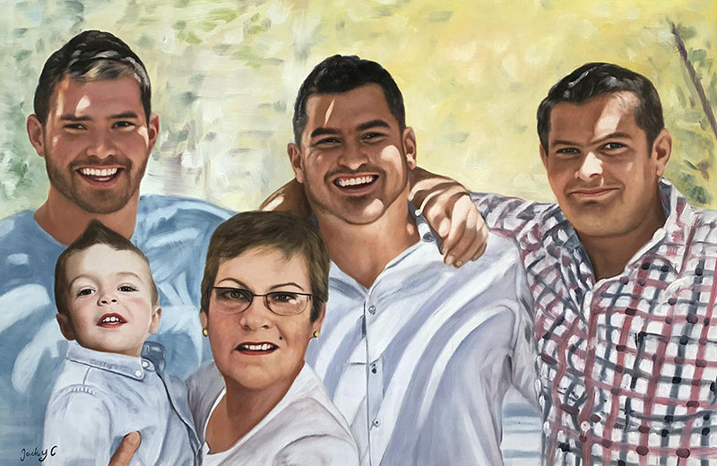 Oil painting of a family portrait: three adult men, a woman, and a toddler.