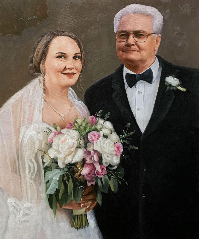 Painted portrait of a bride and her father.