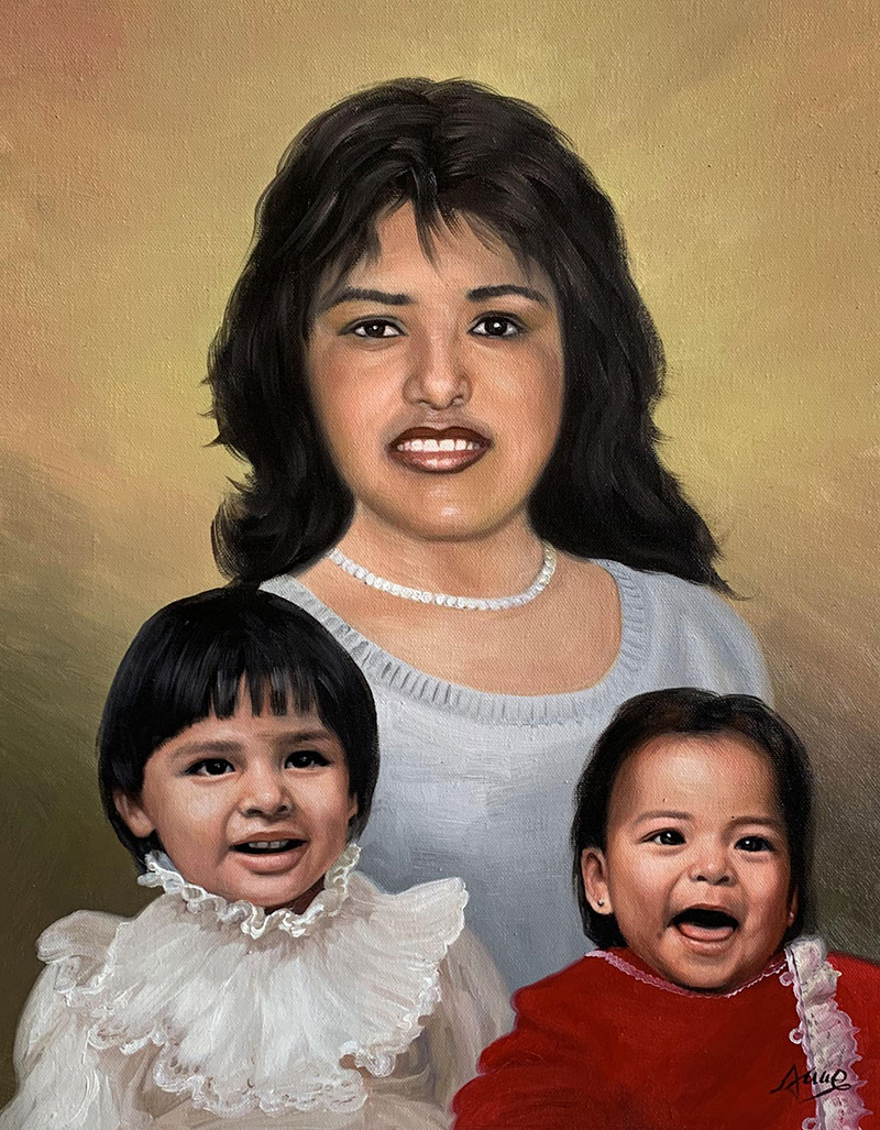 Oil painting portrait of a mother and her two young daughters.