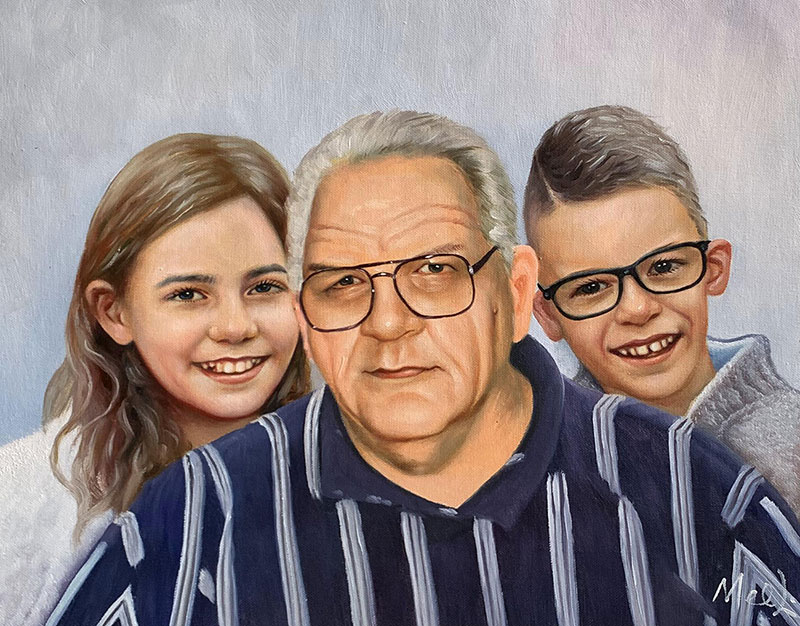 Painted portrait of a grandfather with a granddaughter and grandson.
