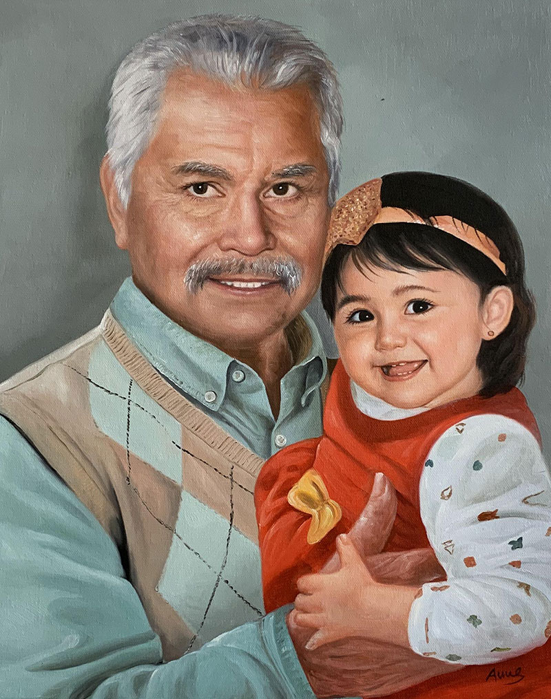 Painting of an older man with gray hair and a mustache holding a toddler girl.