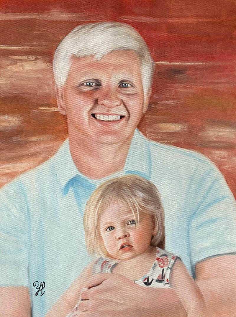 Painting of a smiling man holding a toddler.