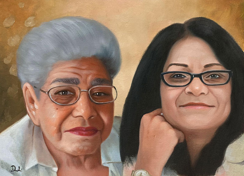 Oil painting portrait of an older woman and her daughter.