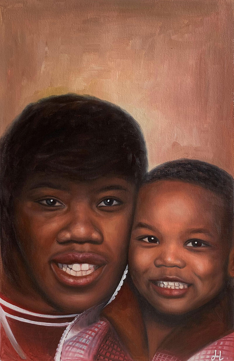 Painting of a smiling Black woman and child.