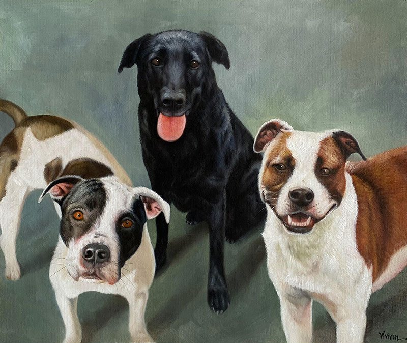 Painting of three dogs: a black Labrador Retriever and two Staffordshire Bull Terriers, one brown and white, the other black and white.