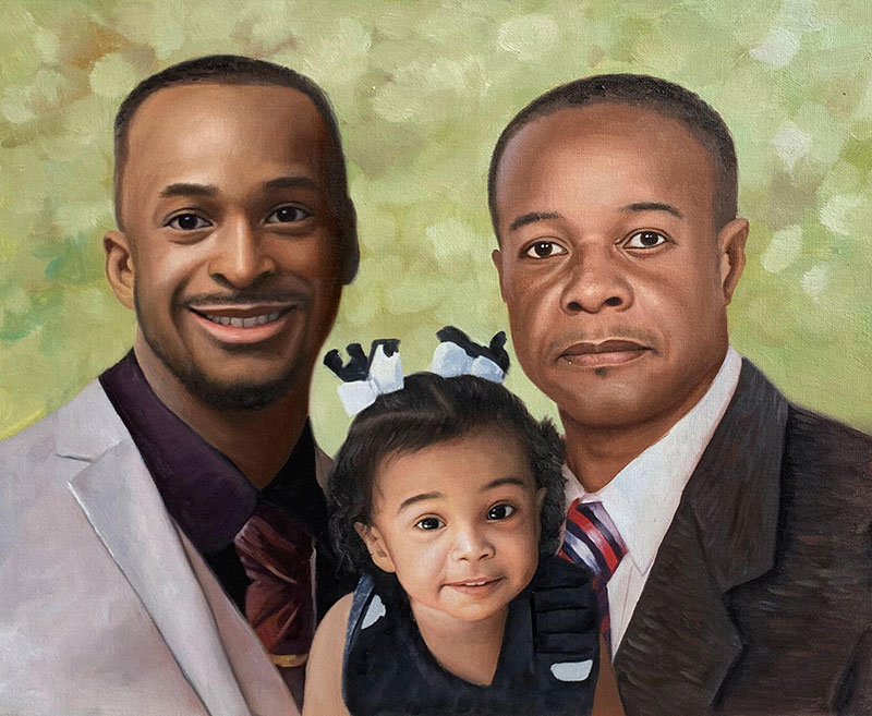 Painted portrait of two men and a young girl.