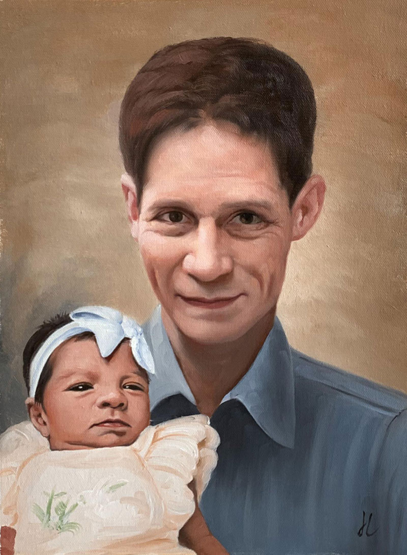 Painting of a man holding a baby girl.