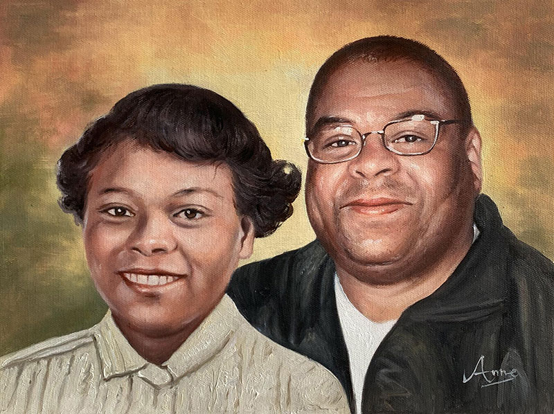 Painted portrait of a smiling older couple.