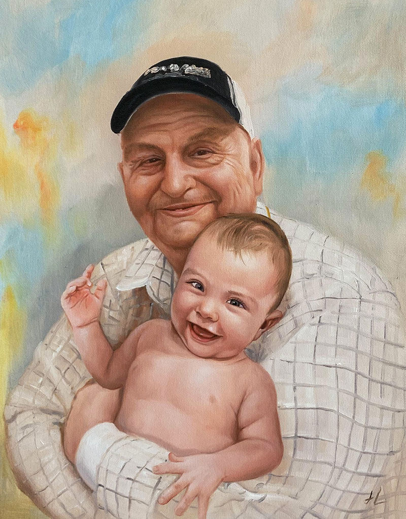 Painting of a smiling grandfather holding a laughing baby.