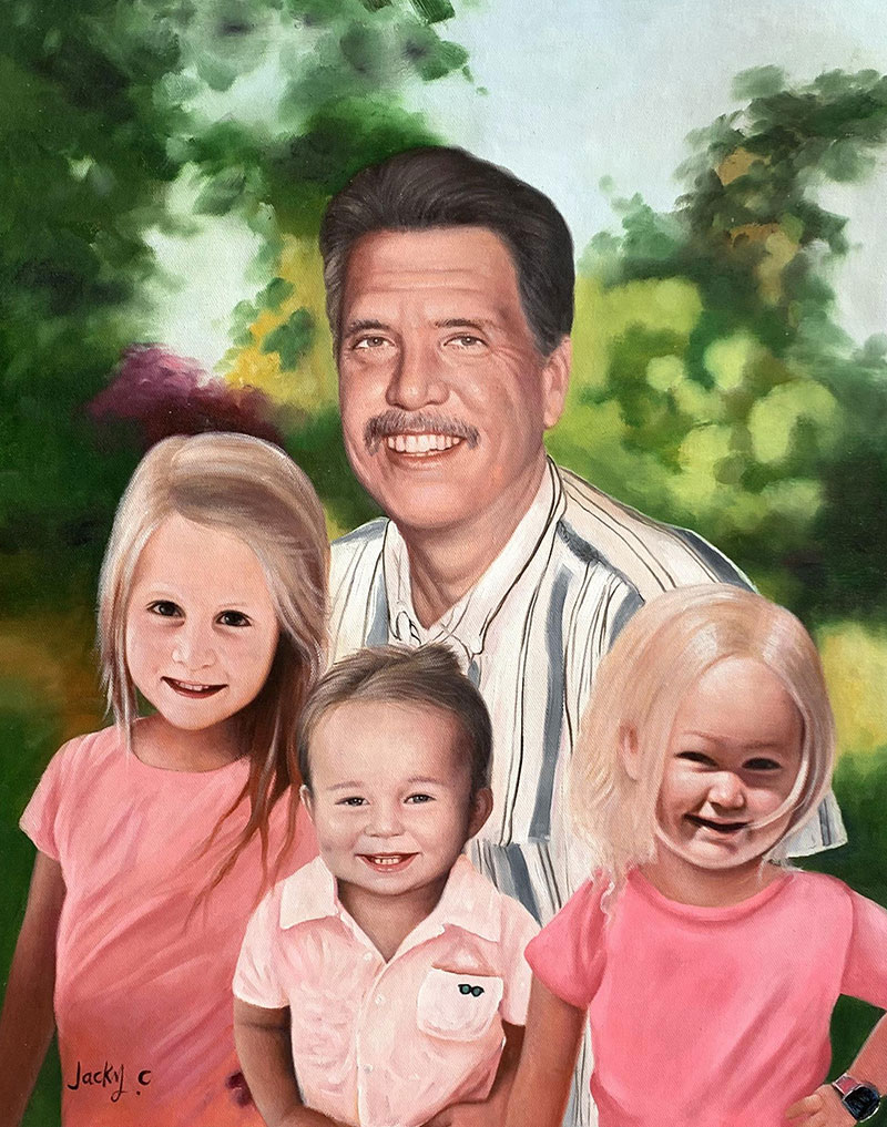 Oil painting of a man with three young children.