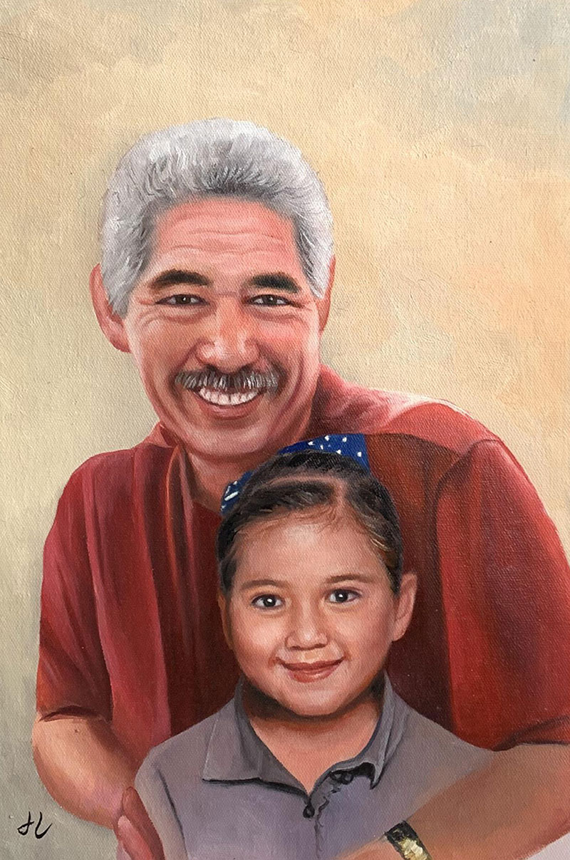 Painting of a smiling older man with gray hair and a younger girl.