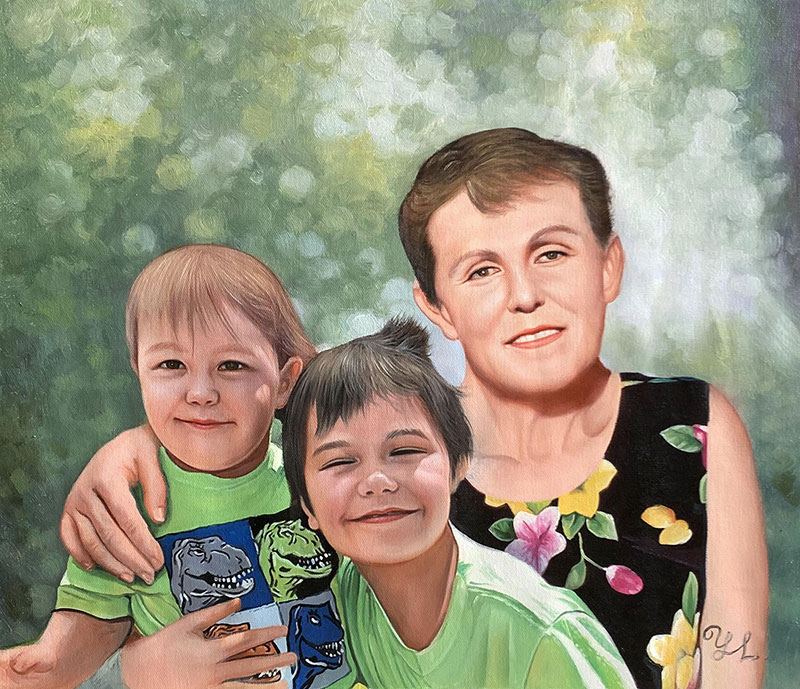 Oil painting of a woman with two children.