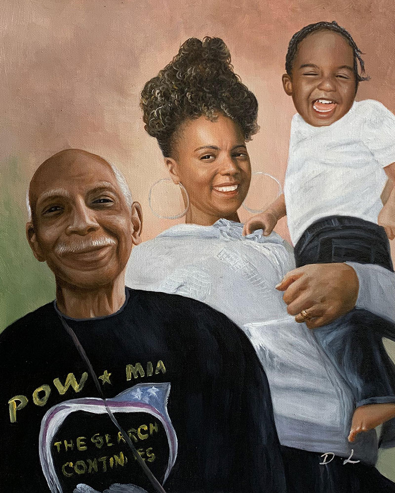 Painting of a family portrait: an elderly Black man, a Black woman, and a young Black child.