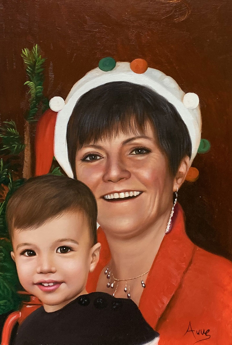 Oil painting of a woman in a festive hat with a toddler.