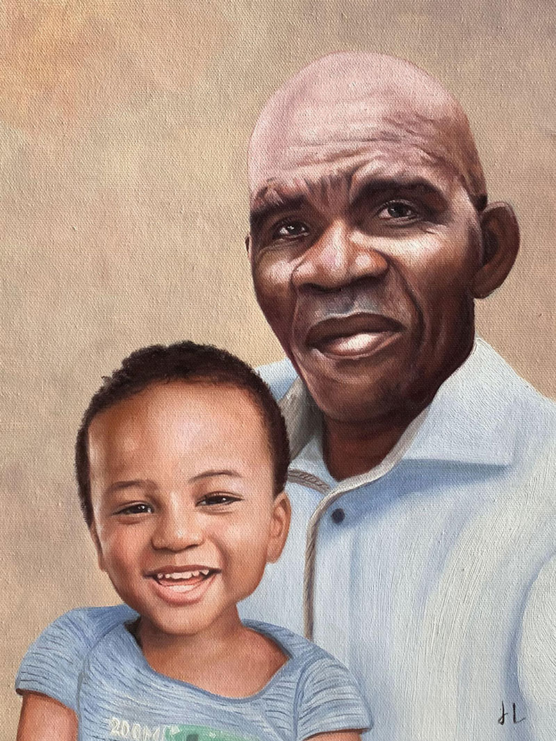 Painting of an elderly Black man and a young Black child smiling.