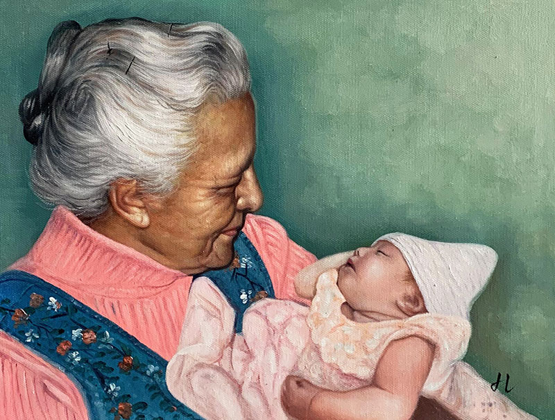 Painting of an elderly woman holding a sleeping baby.