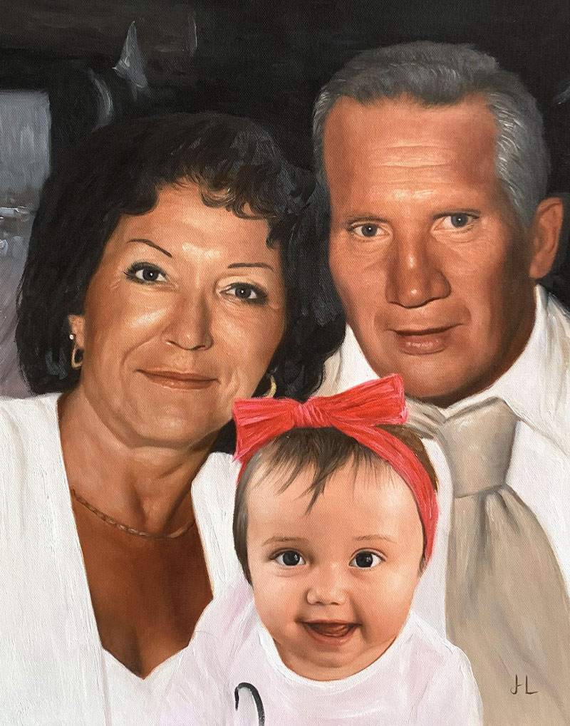 Oil painting portrait of grandparents and their granddaughter.