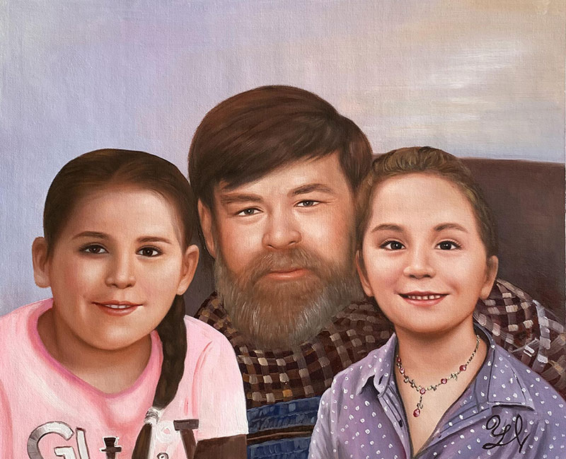 Oil painting portrait of a man with two young girls.