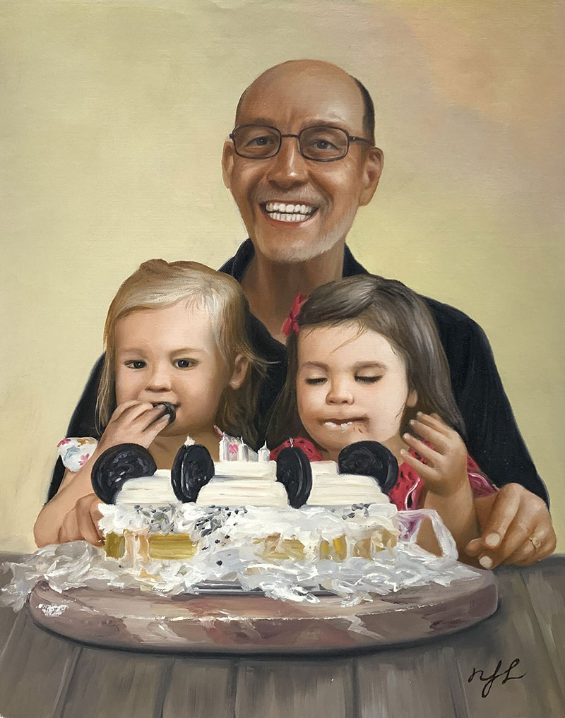 Painting of a smiling grandfather with two young granddaughters eating birthday cake.