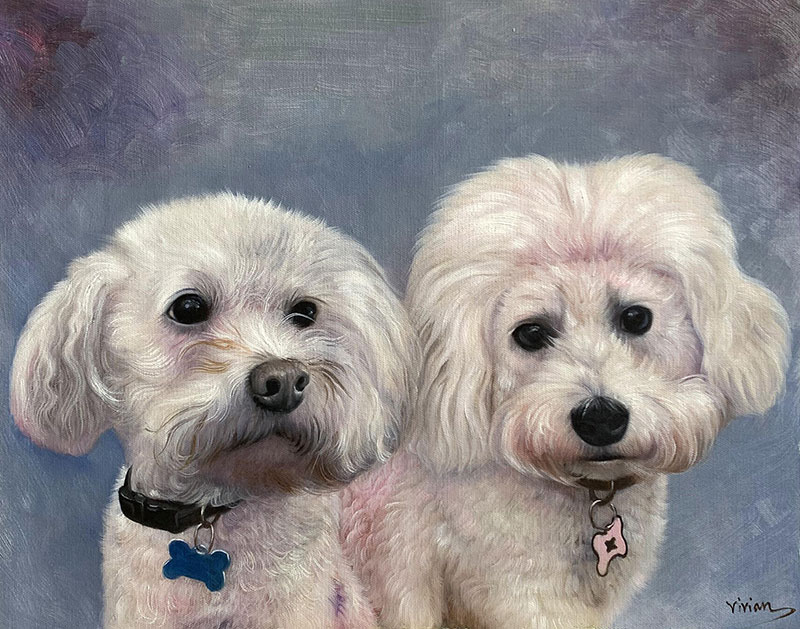 Painting of two white fluffy dogs wearing collars with tags