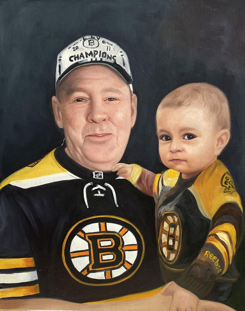 Painting of a man and toddler wearing Boston Bruins jerseys.