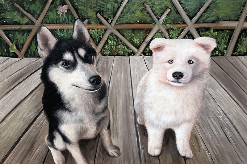 Painting of a husky and a white Samoyed puppy sitting on a wooden deck.