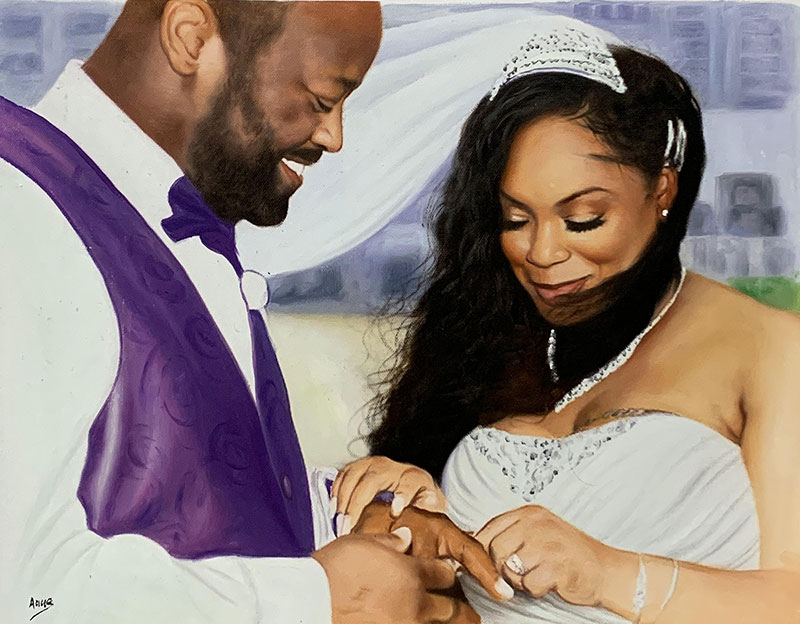 Gorgeous oil painting of a bride and a groom