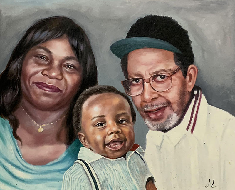 Oil painting of a family portrait: a woman, man wearing glasses and a cap, and a toddler.