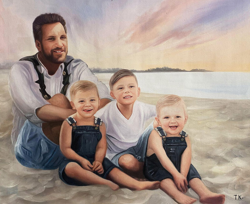 Painting of a father and his three sons sitting on a beach at sunset.