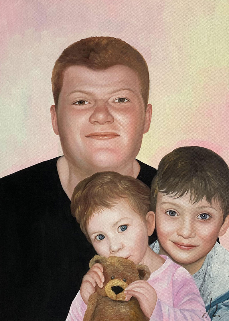 Painted portrait of a young man with two young children, one holding a teddy bear.